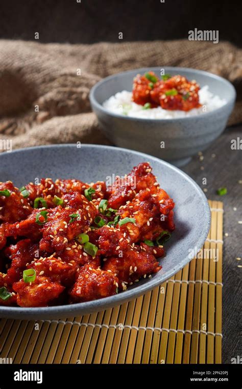 Yangnyeom Tongdak Korean Spicy Fried Chicken Spicy Chicken Wings In Sweet And Sour Sauce On