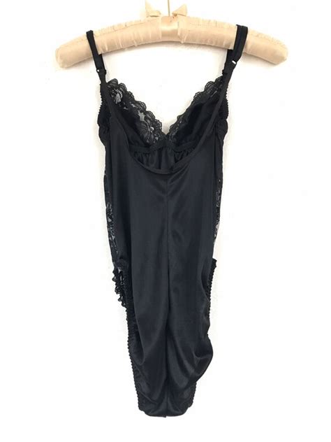 1970s 1980s Vintage Black Lace Lingerie Bodysuit Gem