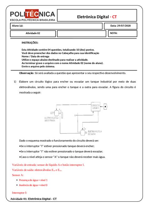 Atividade 02 Eletrônica Digital Exercícios Eletrônica Digital Docsity