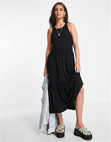 Jdy Cross Back Tiered Smock Midi Dress In Black Asos