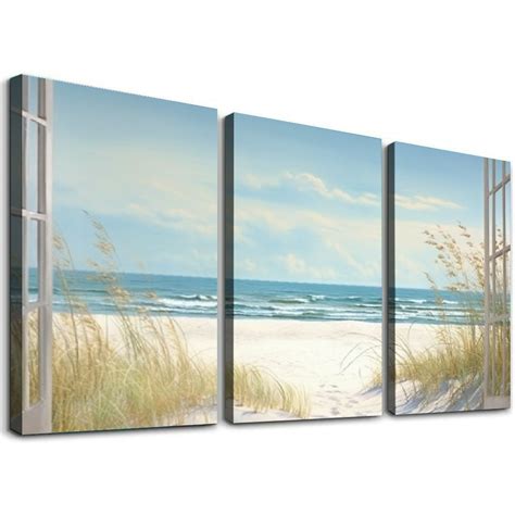 COMIO Beach Window Wall Art Canvas Relaxing Bedroom Living Room Blue