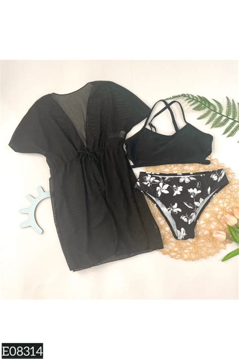 Set Bikini SHEIN áo đen quần họa tiết áo lưới