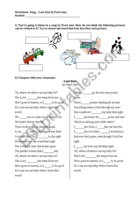 Song - Last Kiss by Pearl Jam - ESL worksheet by ericaplak