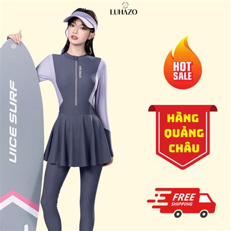 Bikini Đồ bơi LUHAZO 1 mảnh cho nữ Set 2 chi tiết áo dài tay dáng váy kèm quần dài đồ lặn thể