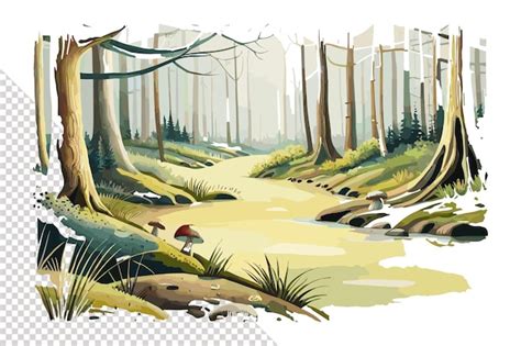 Una Pintura De Un Bosque Con Un Bosque Y Un Arroyo Vector Premium