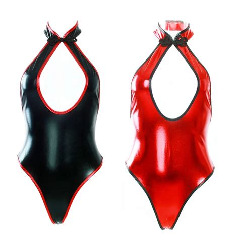 Sexy Lingerie Women Wet Look Chinese Style Bodysuit Bow Collar Backless