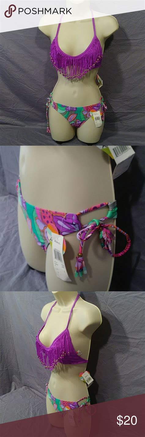 Raisins Pc Bikini Set Purple Multicolor Top Padded Fringed Beaded