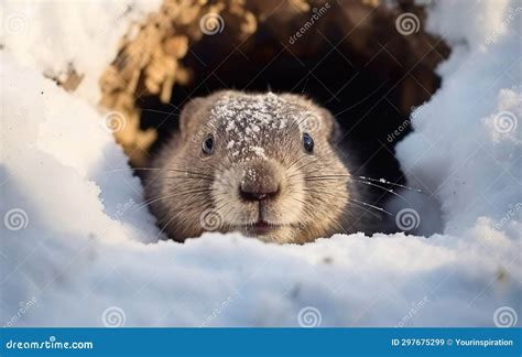 Cute Fluffy Photorealistic Groundhog Comes Out of a Snowy Hole after Hibernation. Happy ...