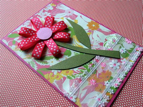 Pink Polka Dots Flower Handmade Card Ribbon Flowers Pink Polka Dots