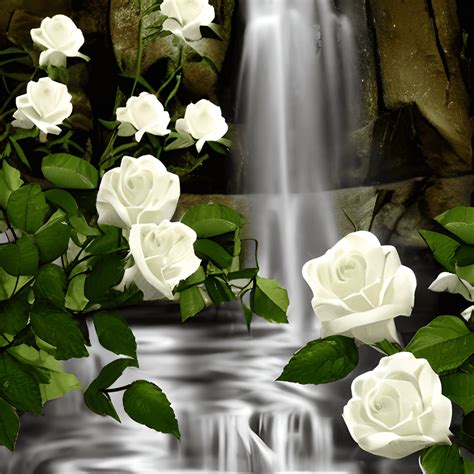 Beautiful White Roses with Waterfall Background · Creative Fabrica