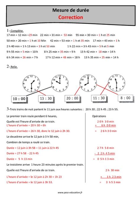 Heure minute seconde Cm1 Exercices corrigés sur le temps et durée