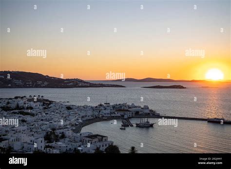 View Over The Town With The Famous Mykonos Windmills Harbor And