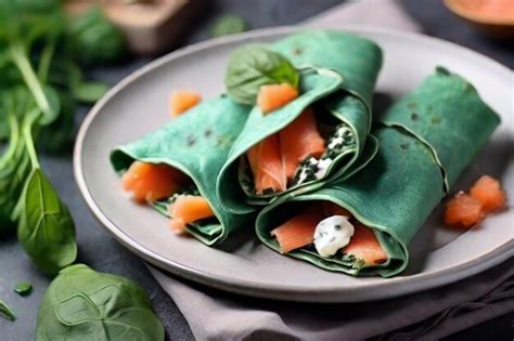 Crepes de espinaca verde o panqueques con salmón ahumado y queso blando