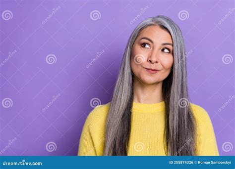 Portrait Of Smart Intelligent Mature Cunning Lady Look Blank Space