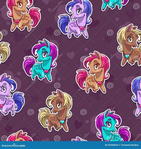 Cute Seamless Pattern With Pretty Little Pony Stickers Stock Vector