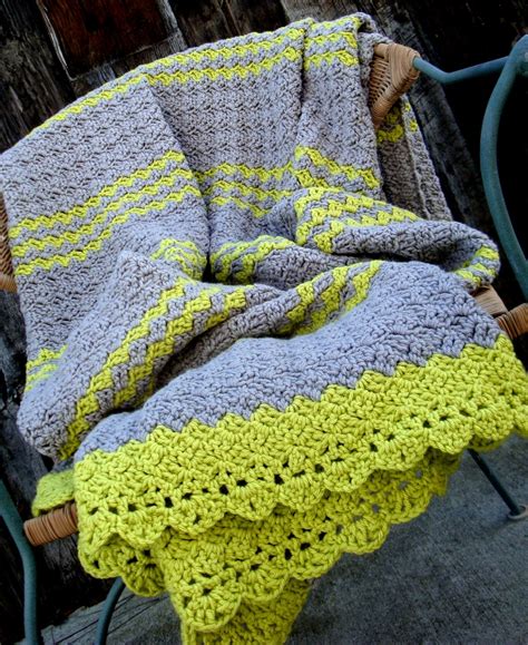 Afghan Blanket Crochet Gray Grey With Lime Green Lap Blanket