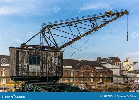 Old Cranes Docks Warehouses And Industrial Buildings At The Be Stock