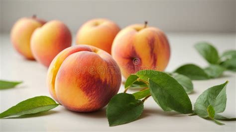 Ripe Peaches With Green Leaves On A White Background Stock