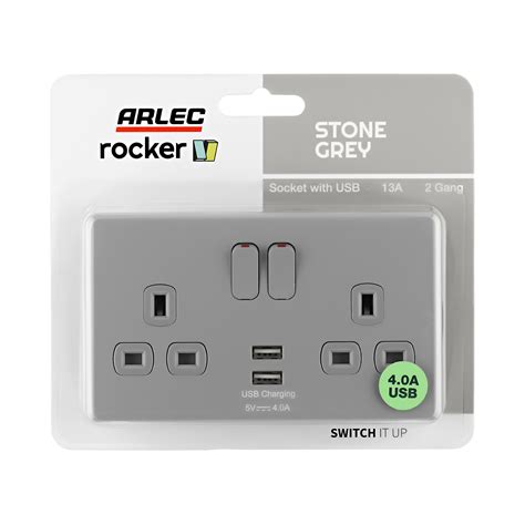 Arlec Rocker Stone Grey 13a 2gang Usb Plug Socket Arlec Uk