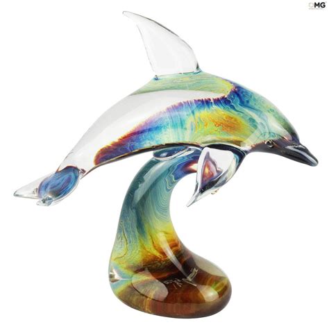 Dolphin On Base Sculpture In Chalcedony Original Murano Glass Omg