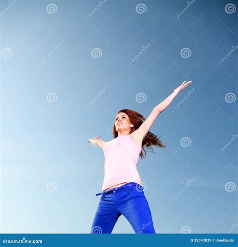 Attractive Girl Young Woman Jumping Sky Stock Image Image Of Hair