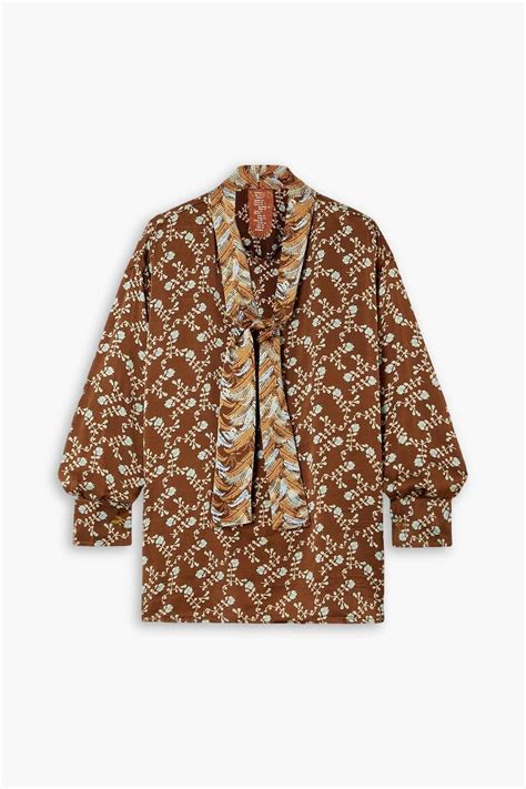 Yvonne S Pussy Bow Floral Print Silk Satin Blouse In Brown Lyst