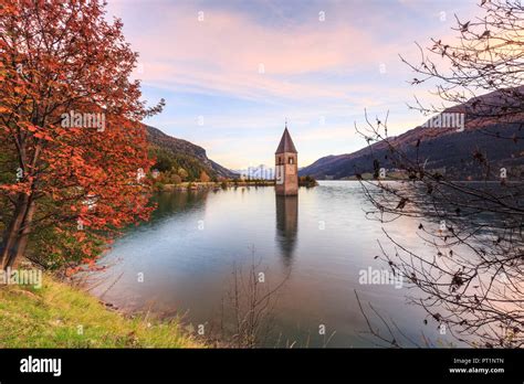 Bell Tower Of Semi Submerged Church In Lake Resia Reschensee Hi Res