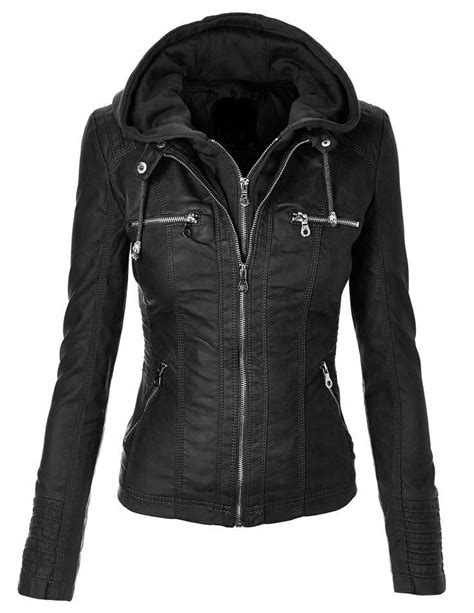 Womens Black Biker Motorcycle Stylish Real Leather Jacket Coat Detach Hoodie Clothes Faux