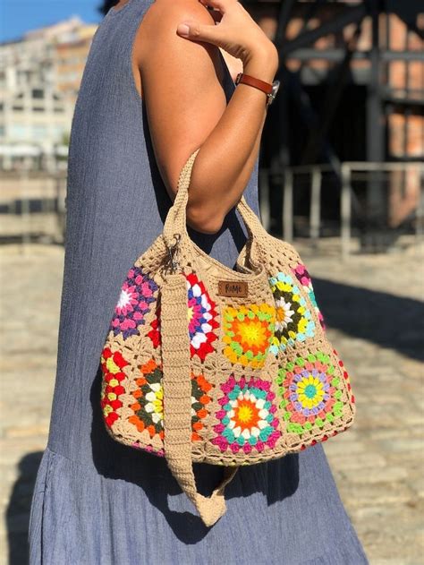 Granny Square Tote Bag For Women Top Handle Bag Hippie Bag Handknit