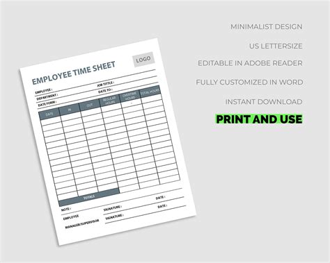 Employee Time Sheet. Editable Time Sheet. Printable Time Sheet. Time ...