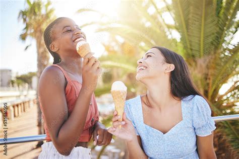 Ice Cream Summer And Women Friends Eating On Miami Beach For Holiday