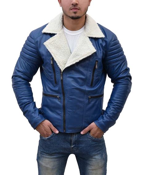 Men’s Designer Asymmetrical Zipper Shearling Blue Jacket