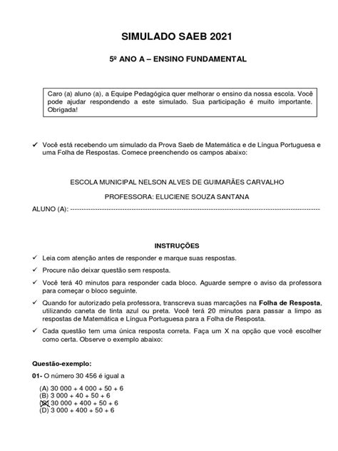 Simulado Saeb 2021 5º Ano A Pdf Cães Humano