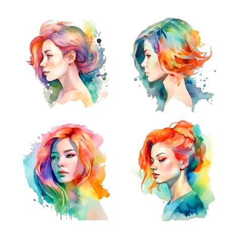 Mujer Con Pintura De Acuarela De Peinado Colorido Vector Premium