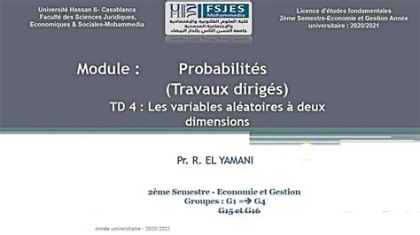 Probabilit S S Td Les Variables Al Atoires Deux Dimensions