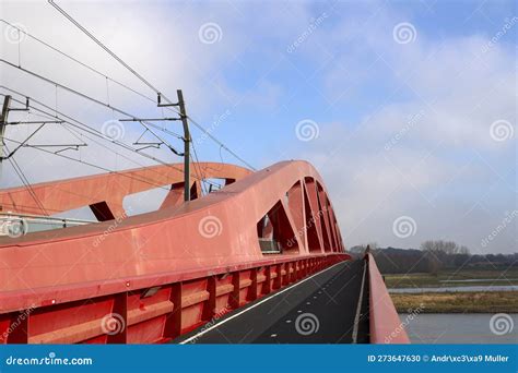 Red Steel Bridge Called Hanzeboog Over The River Ijssel Between Hattem