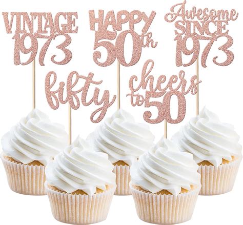 30 Pack Vintage 1973 Cupcake Toppers Glitter Happy 50th