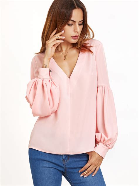 V Neckline Bishop Sleeve Top Sheinsheinside