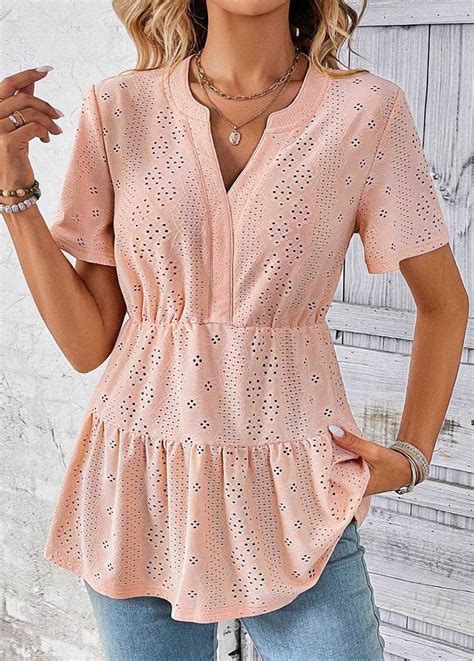 Rotita Jacquard Pink Split Neck Short Sleeve Blouse Pink Beige