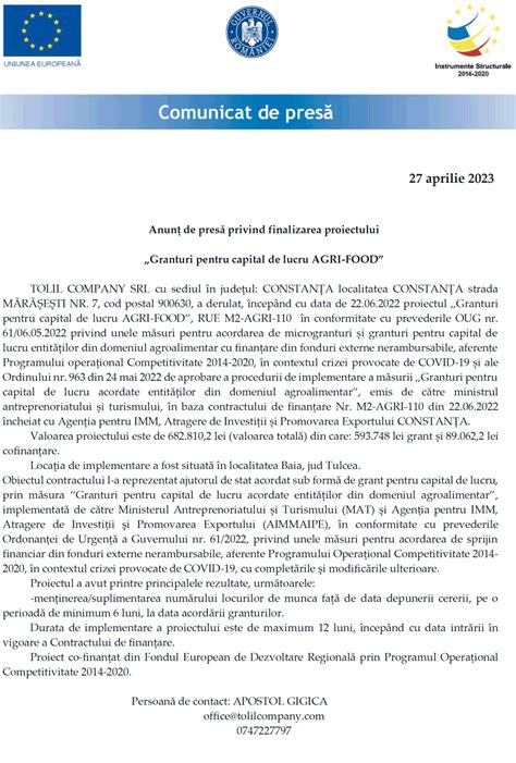 Anunț de presă privind finalizarea proiectului Granturi pentru capital