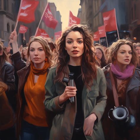 Premium Photo A Painting Of Women Holding Signs And Holding A Microphone