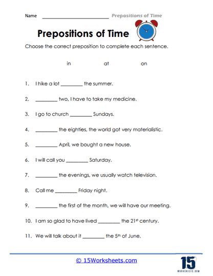 Prepositions Of Time Worksheets Worksheets