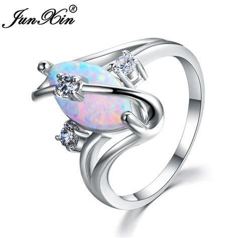 Junxin Female White Fire Opal Ring Unique Geometric Ring Fashion Gold