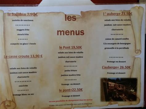 Menu Au Auberge Du Pont Restaurant Villerest Chem De Halage