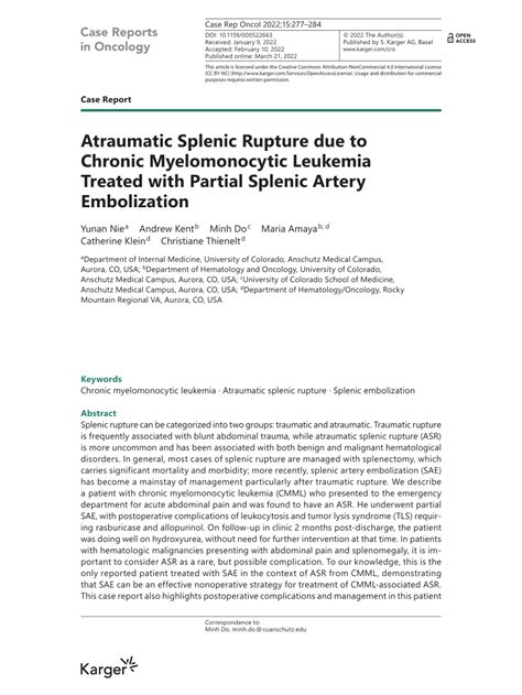 PDF Atraumatic Splenic Rupture Due To Chronic Myelomonocytic Leukemia