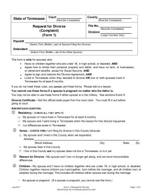 Fillable Online PDF State Of Tennessee Request For Divorce Complaint