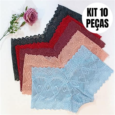 Kit 10 Calcinhas Calesson Caleçon Lingerie Tanga Shortinho Feminino Toda em renda 10K479