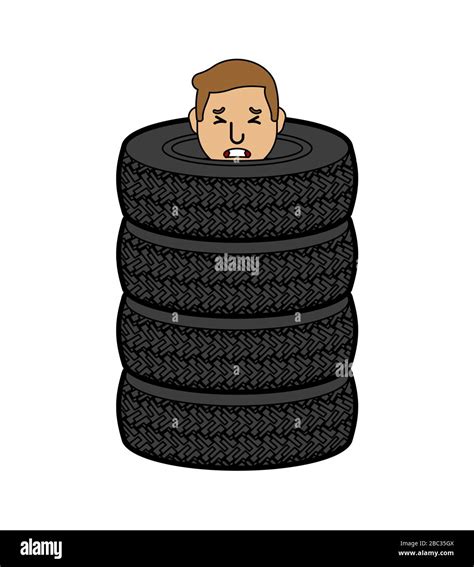 Man Inside Car Tire Guy In Stack Of Car Tires Vector Illustration