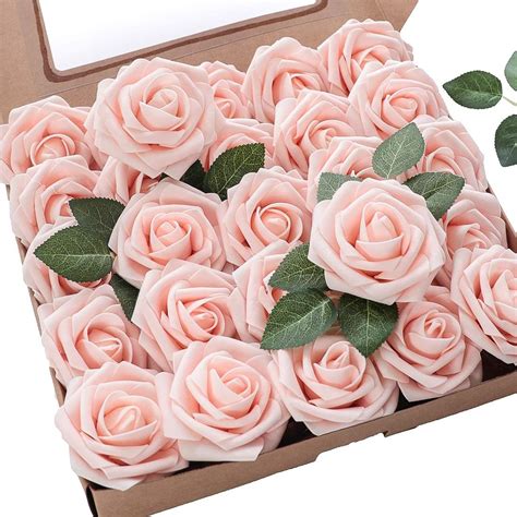 Floroom Artificial Flowers 25pcs Real Looking Blush Foam Fake Roses