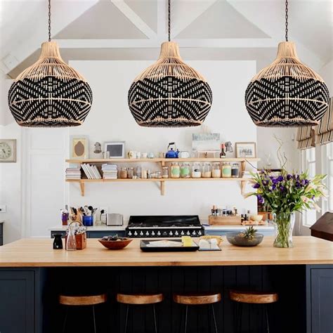 Florida Black Rattan Pendant Light Fixture For Kitchen Island Rattan